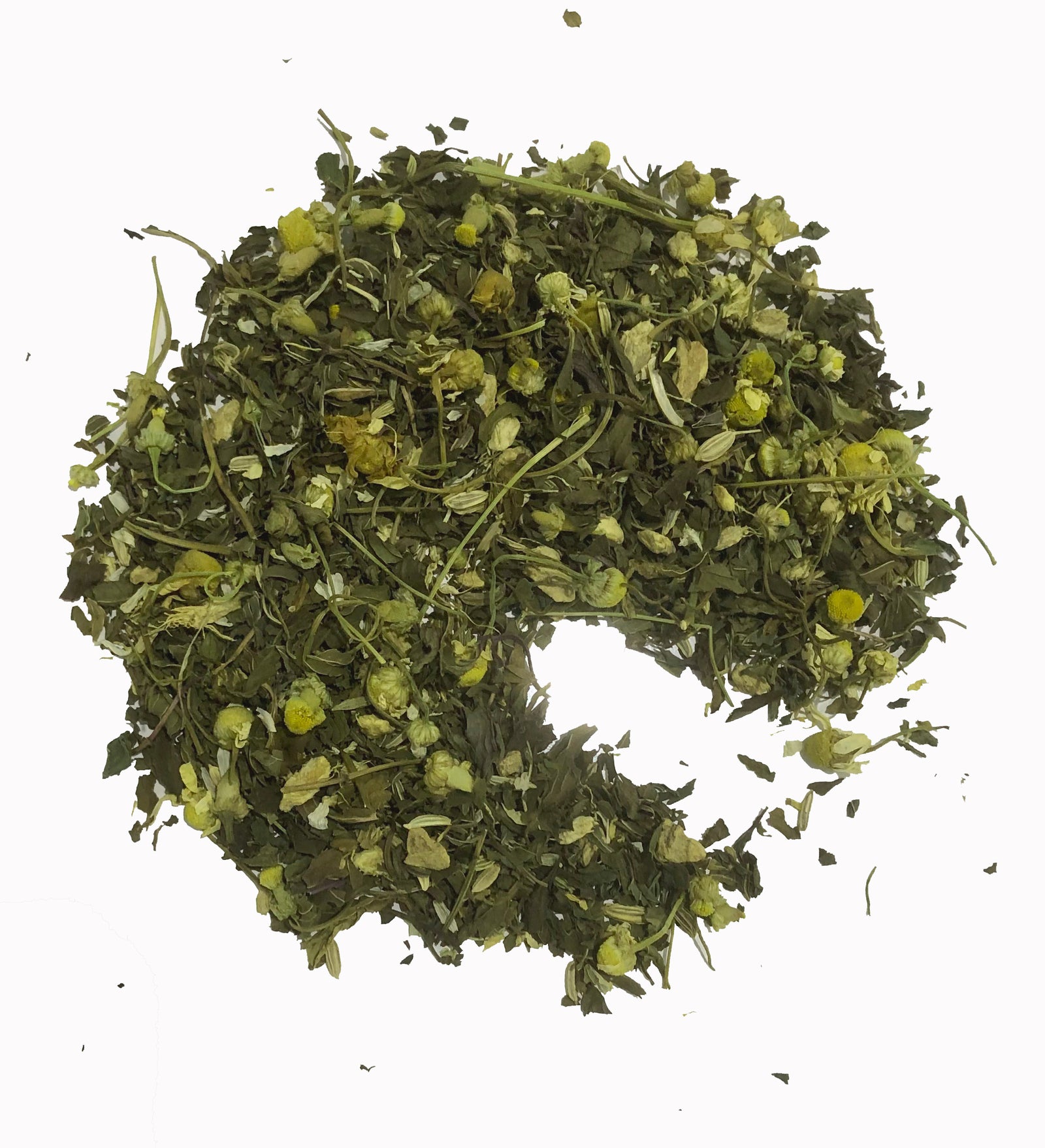 A vibrant pile of Bondi Belly Balance Tea by Bondi Beach Tea Co features loose-leaf chamomile tea blended with organic herbs, mixed dried green leaves, and small yellow flowers, artfully arranged in a circular shape on a plain white background.