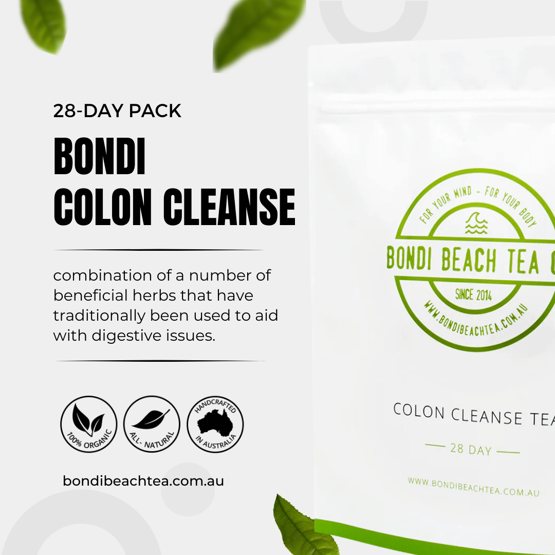 The image shows a Bondi Colon Cleanse Tea 28-Day Pack by Bondi Beach Tea Co, celebrated for its digestive health benefits due to its herbs and antioxidants. The packaging is white with green accents, decorated with scattered leaves.