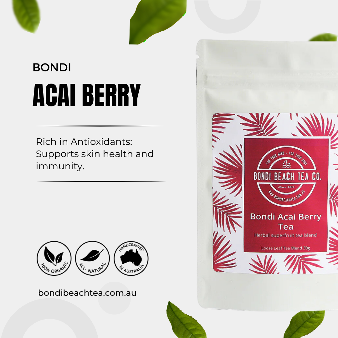Bondi Acai Berry Tea from Bondi Beach Tea Co features vibrant red and white packaging with acai berry leaf patterns, emphasizing its antioxidant-rich benefits for skin health and immunity. Logos certify it as an organic superfood crafted in Australia.