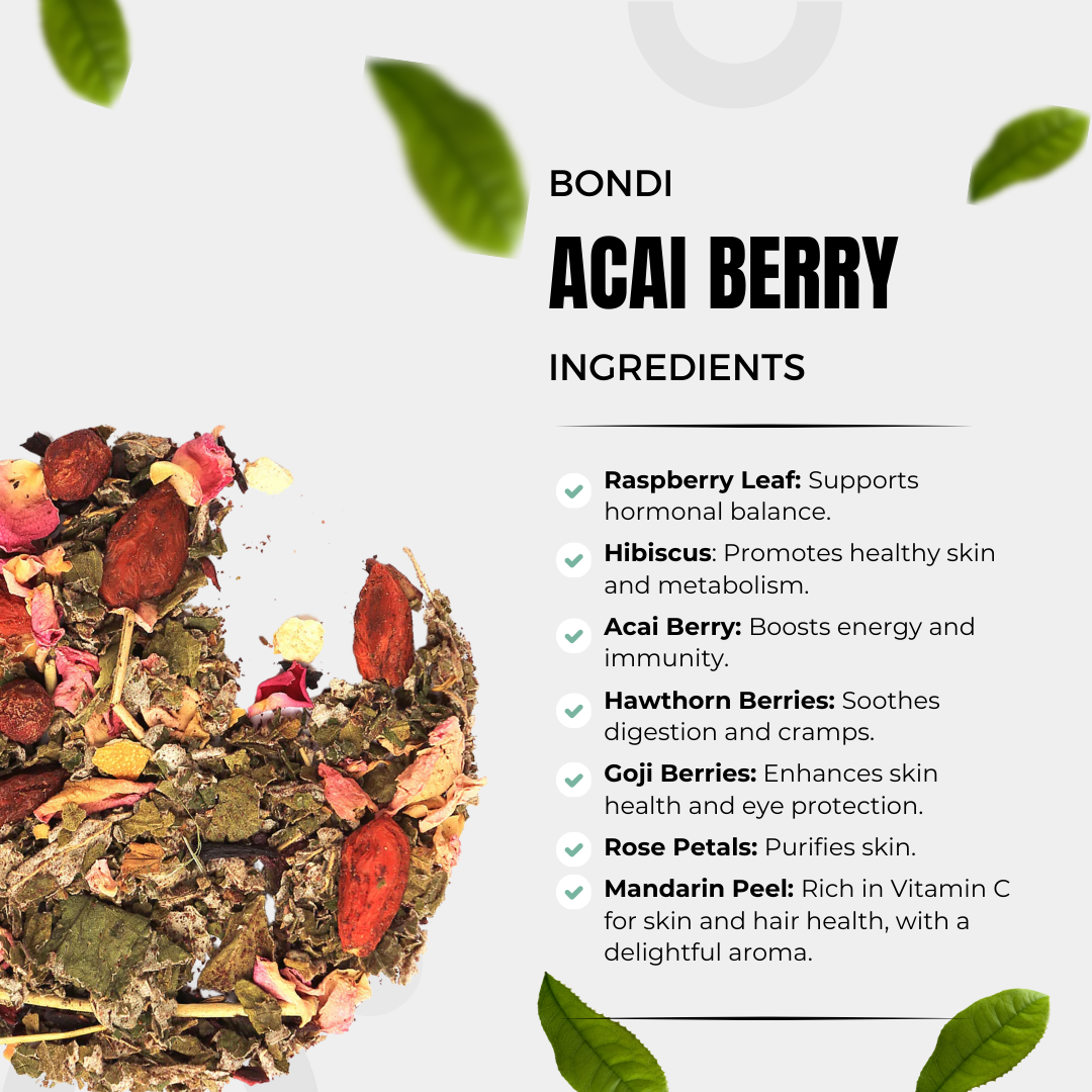 Herbal tea blend on a white background features Bondi Acai Berry text from Bondi Beach Tea Co, with ingredients: raspberry leaf, hibiscus, acai berry, hawthorn berries, goji berries, rose petals, mandarin peel. Packed with superfood antioxidants. Green leaves are scattered around.