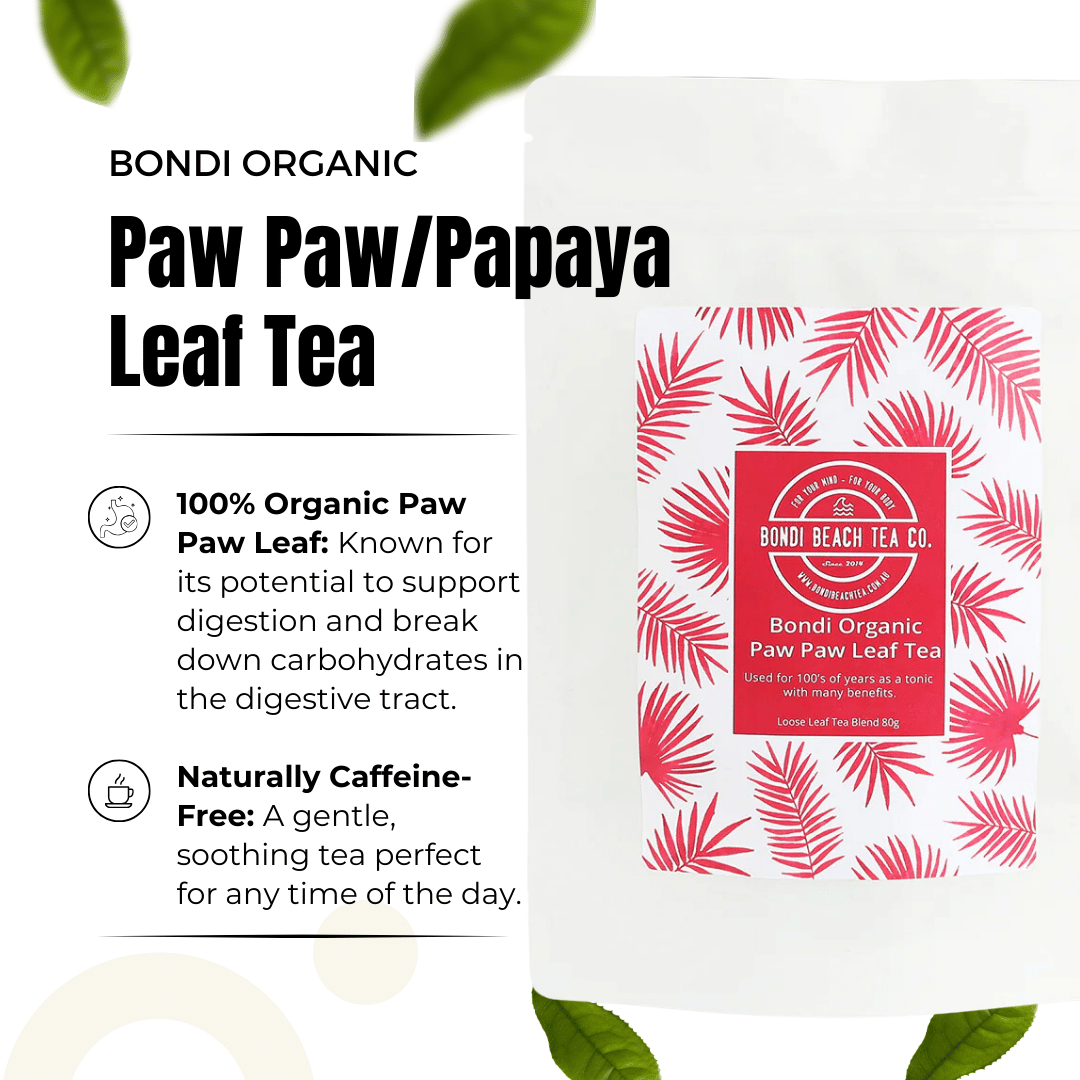 The Bondi Beach Tea Cos Bondi Organic Paw Paw/Papaya Leaf Tea has vibrant red and pink tropical leaf packaging, highlighting benefits like improved digestion. Its 100% organic, naturally caffeine-free, and perfect for any time of the day.