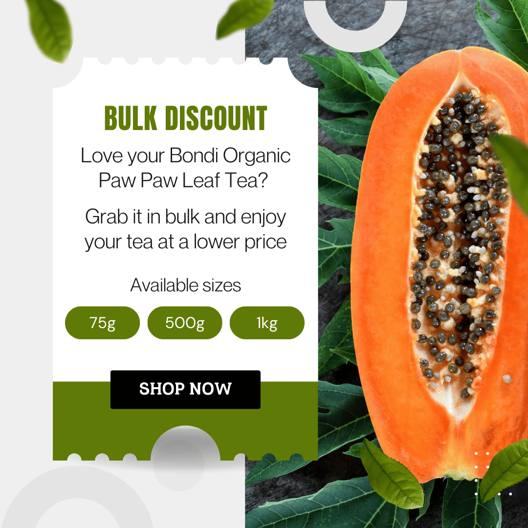 A promotional image offers a bulk discount for Bondi Beach Tea Cos Bondi Organic Paw Paw/Papaya Leaf Tea, famed for aiding digestion. The background shows sliced papaya and green leaves. Available in 75g, 500g, and 1kg sizes. Click Shop Now to enjoy the benefits!.