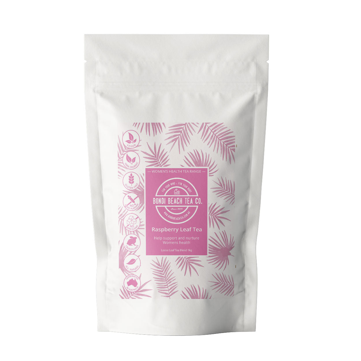 A mix of dried, crumbled green leaves and small stems with a fuzzy texture from Bondi Beach Tea Cos Organic Red Raspberry Leaf Tea is valued for its reproductive health and pregnancy support benefits. Shades vary in green.
