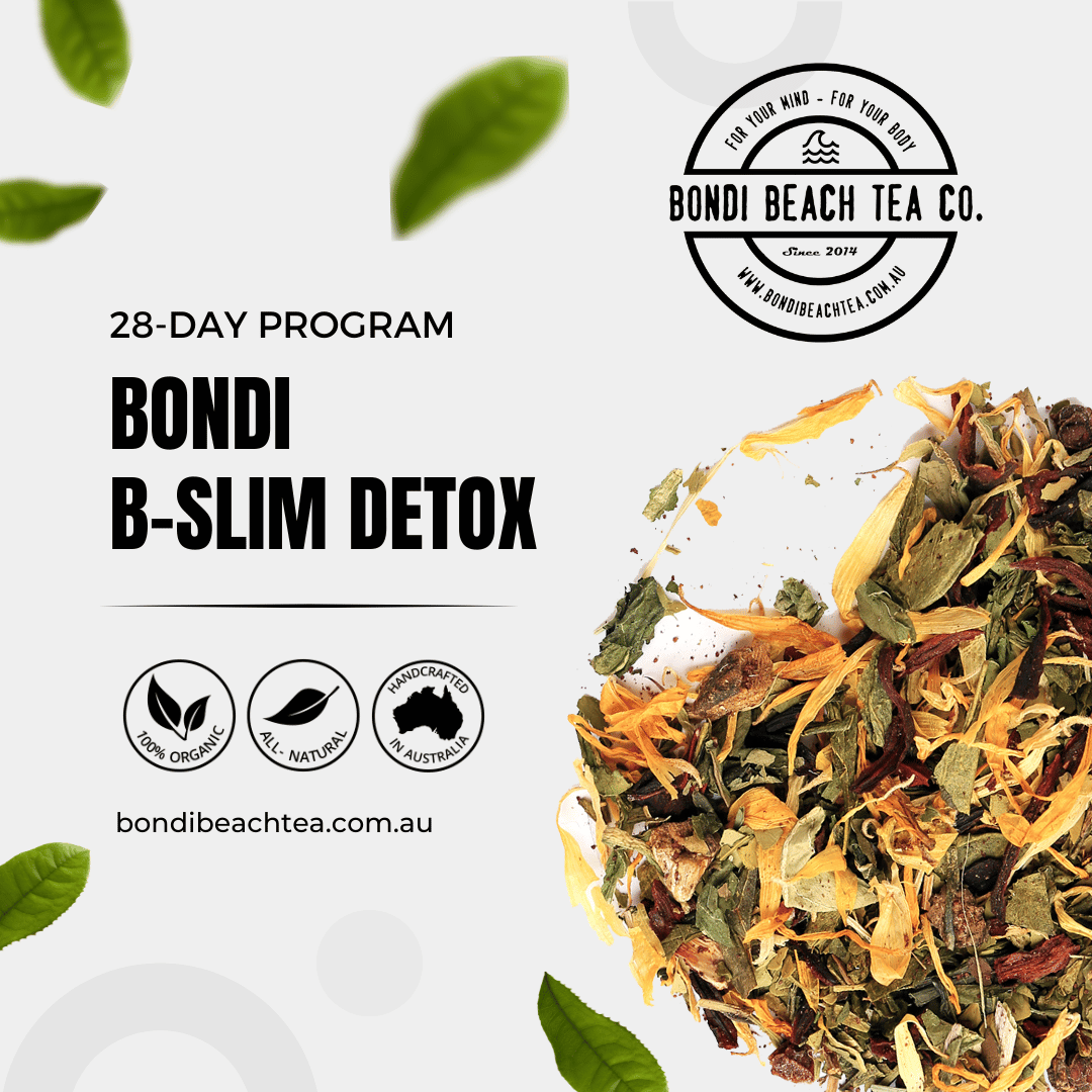 The image features the Bondi Beach Tea Co logo and promotes the Bondi Slim Tea 28 Day detox for weight loss. It includes photos of loose leaf tea, organic and Australian-made symbols, and the website bondibeachtea.com.au.