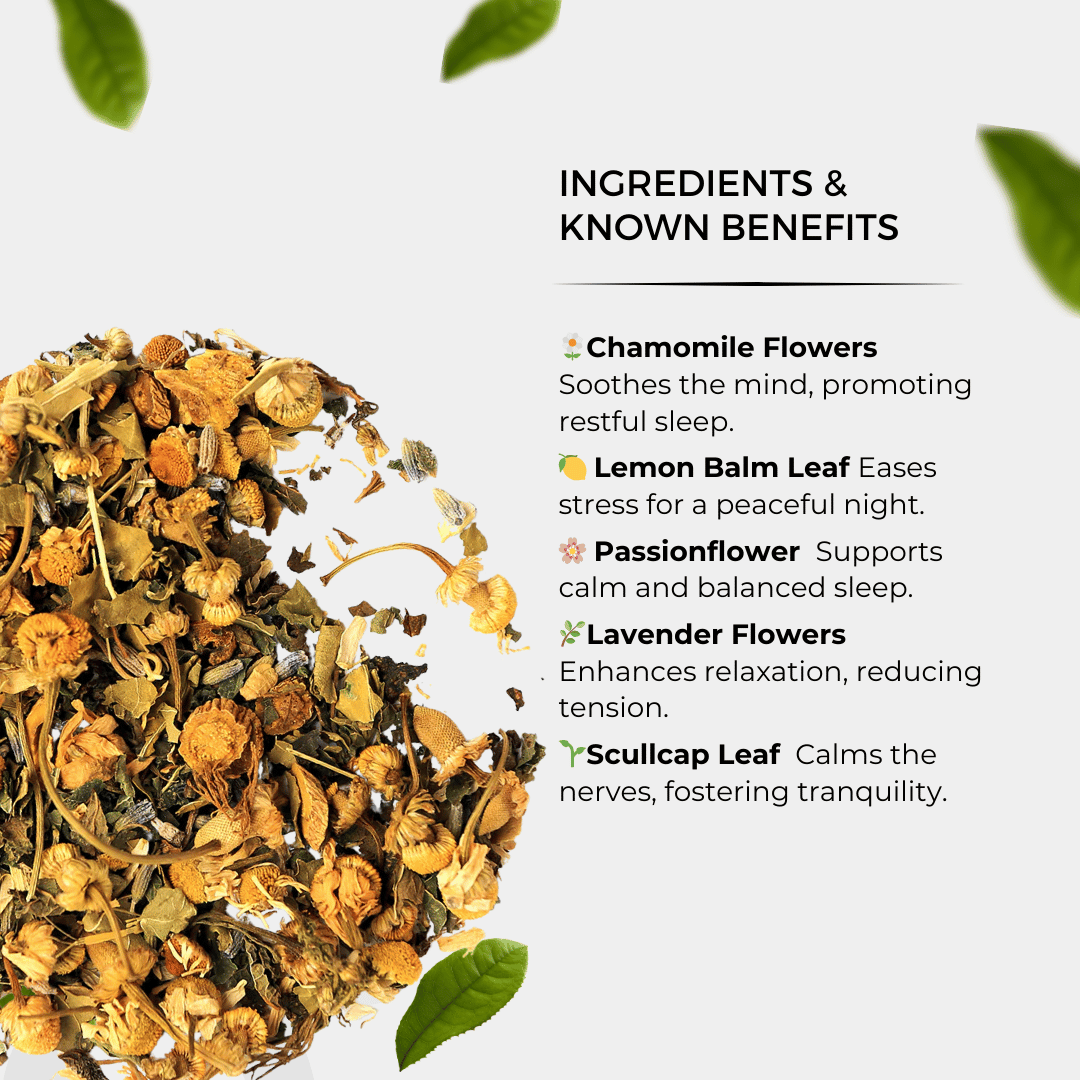 A display of dried chamomile with scattered green leaves sits on the left. On the right, text highlights ingredients: chamomile, lemon balm, passionflower, lavender, and skullcapâall known for their calming effects in Bondi Snooze Tea đ¤ by Bondi Beach Tea Co., a soothing organic nighttime tea.