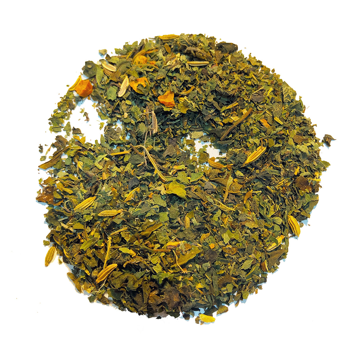 A ring of loose, dried green herbs and leaves on a white background evokes Bondi Beach Tea Cos Organic Thyroid Hormone Tea Blend, crafted to support hormonal balance.
