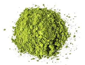 Organic Japanese Matcha Latte powder from Bondi Beach Tea Co is scattered across a white background. The vibrant green and fine, textured appearance with some small clumps hints at its premium quality and renowned health benefits.