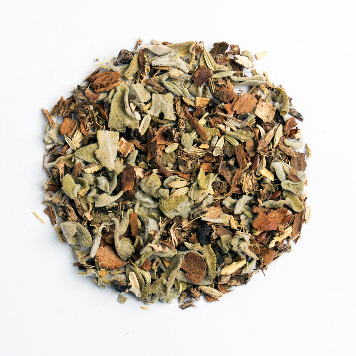 A circular mound of Bondi Beach Tea Cos Menopause Evening Tea Blend - Strong Hot Flushes is set on a white background, showcasing dried leaves, bark, seeds, and herbs in green, brown, and beige hues. This soothing mix naturally supports womens health by easing hot flushes.