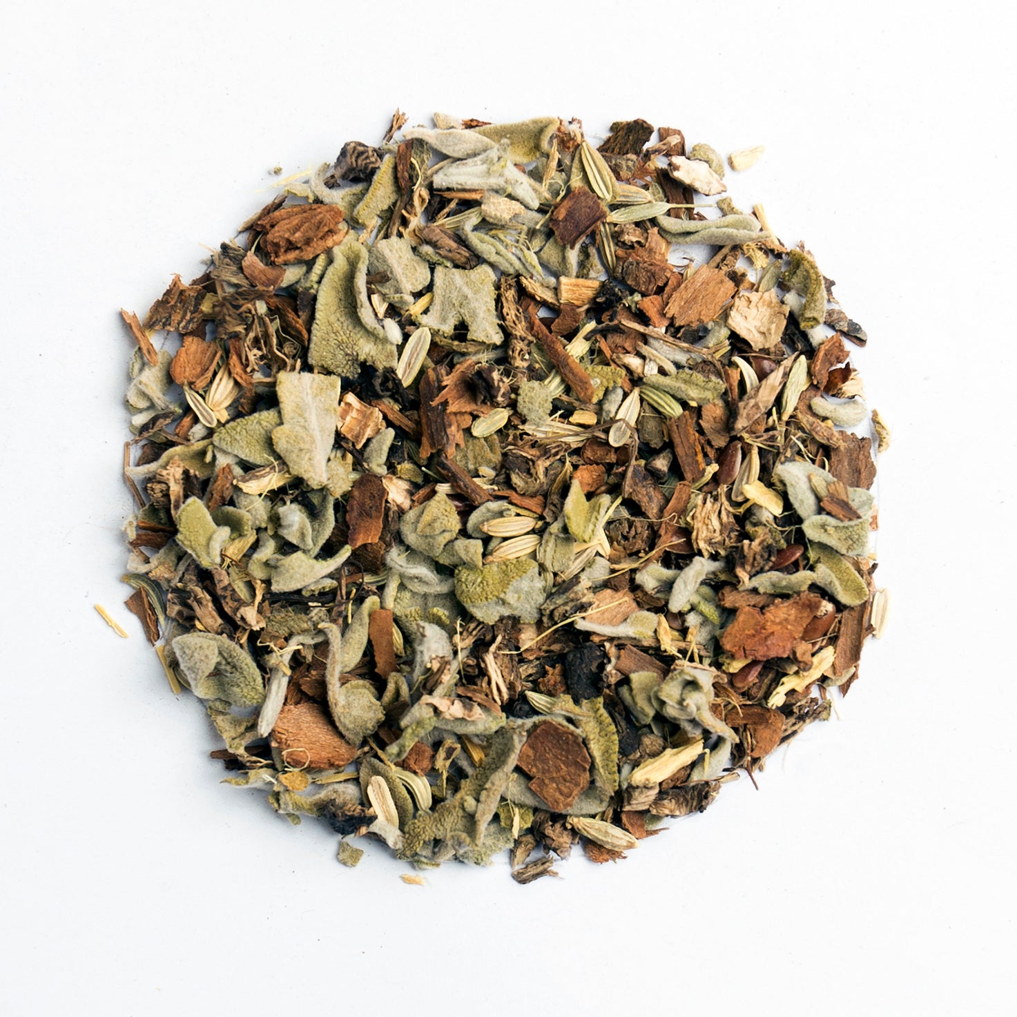 A circular mound of Bondi Beach Tea Cos Menopause Evening Tea Blend - Strong Hot Flushes is set on a white background, showcasing dried leaves, bark, seeds, and herbs in green, brown, and beige hues. This soothing mix naturally supports womens health by easing hot flushes.