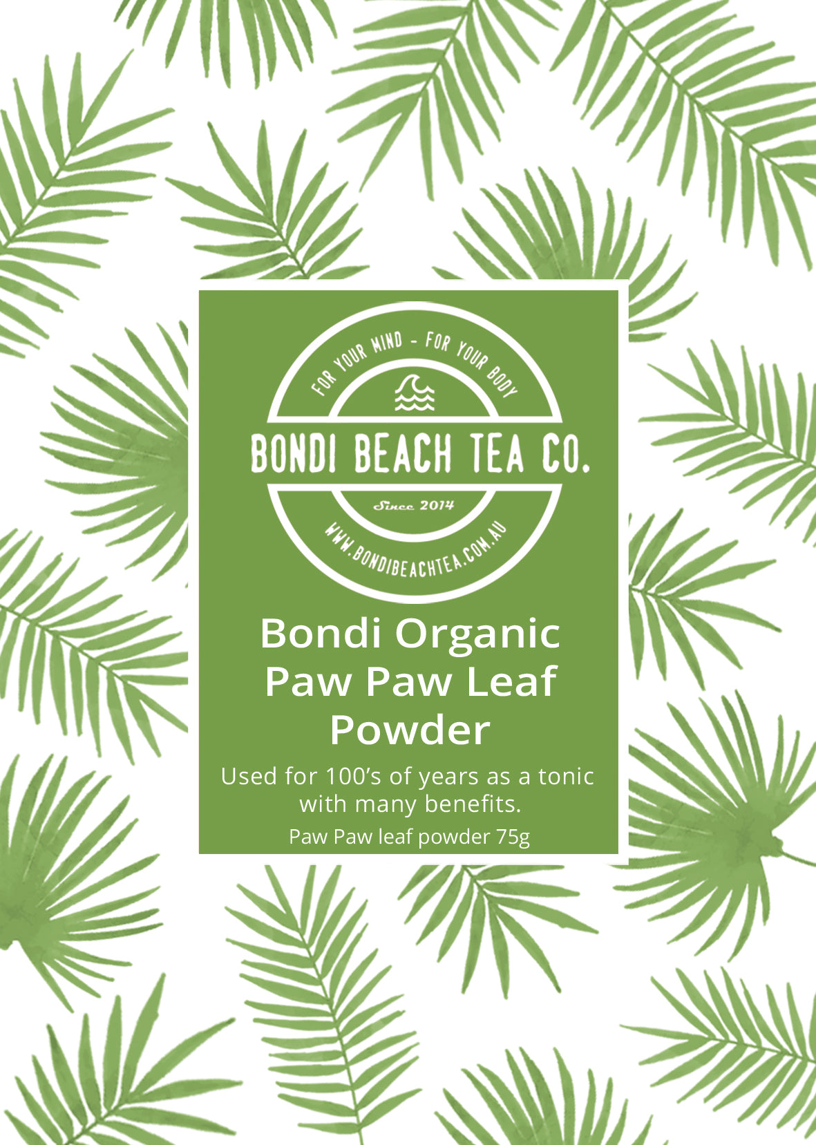 A circular spread of Bondi Organic Paw Paw/Papaya Leaf Powder by Bondi Beach Tea Co is displayed on a white background, highlighting its fine texture and vibrant green color known for immune support.
