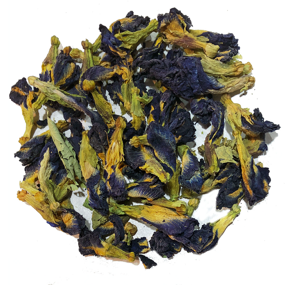A close-up of Organic Blue Butterfly Pea Flowers from Bondi Beach Tea Co scattered on a white background highlights their vibrant deep blue, light green, and yellow petals, reflecting their antioxidant-rich nature ideal for brewing colorful herbal tea.
