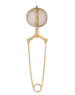 The Bondi Beach Tea Co Clamp Style Tea Infuser is a gold-toned, safety pin-shaped infuser with a mesh ball secured by a screw mechanism and features a long handle with a circular loop—ideal for steeping your favorite tea blend.