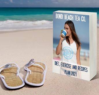 A woman wearing a white Bondi Beach Tea Co. tank top sips detox tea from a blue polka dot cup on the beach. The text reads Diet, Exercise and Recipes eBook 2021. Golden sands meet the ocean, highlighting the refreshing Bondi B-Slim program.