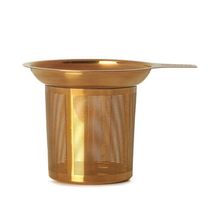 The Bondi Beach Tea Co Stainless Steel Mesh Premium Tea Infuser features a perforated cylindrical basket with a wide flat rim, a small side handle, and a micro-fine filter for perfect brewing.