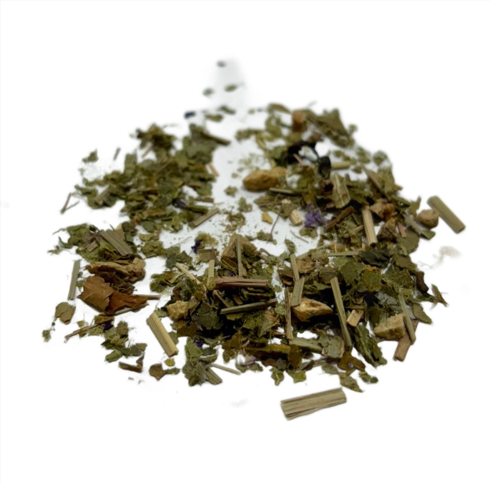 A small pile of organic mixed dried herbs, including leaves, stems, and petals in green, brown, and hints of purple on a white background, reminiscent of Bondi Beach Tea Cos Organic Papaya and Soursop (Graviola) Healing Support Tea.