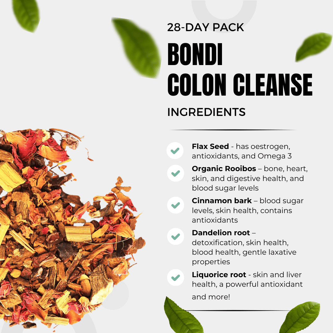 A Bondi Colon Cleanse Tea 28-Day Pack promo image features herbal ingredients such as flax seed, organic rooibos, and cinnamon bark for digestive health. Rich in antioxidants, the Bondi Beach Tea Co brand highlights the product with green leaves adorning the text.