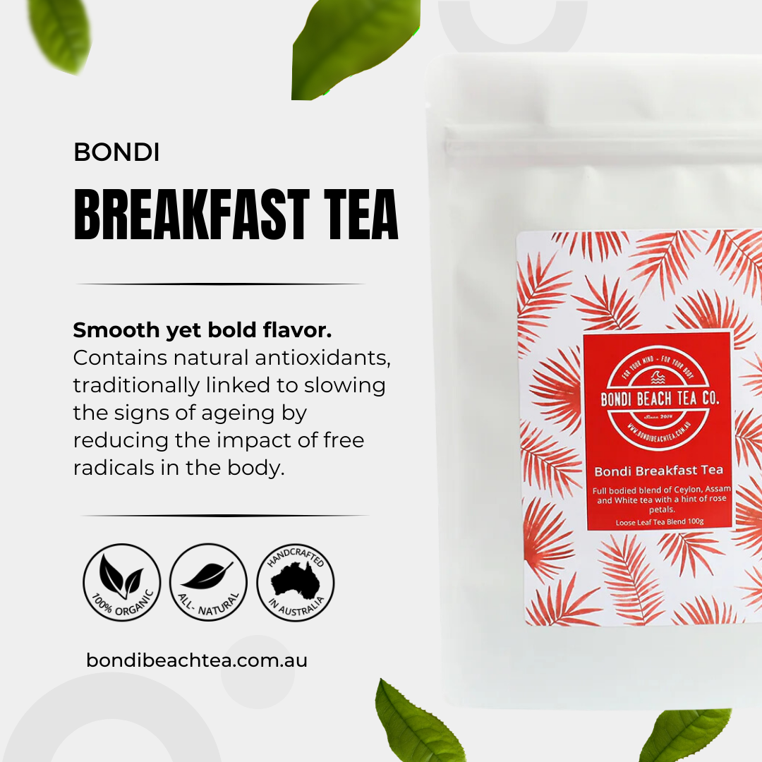 The Bondi Breakfast Tea package, from Bondi Beach Tea Co, showcases red leaf patterns and a bold circular logo. It highlights smooth flavor, antioxidant benefits, and weight management potential with logos for organic, natural, and Australian-made qualities.