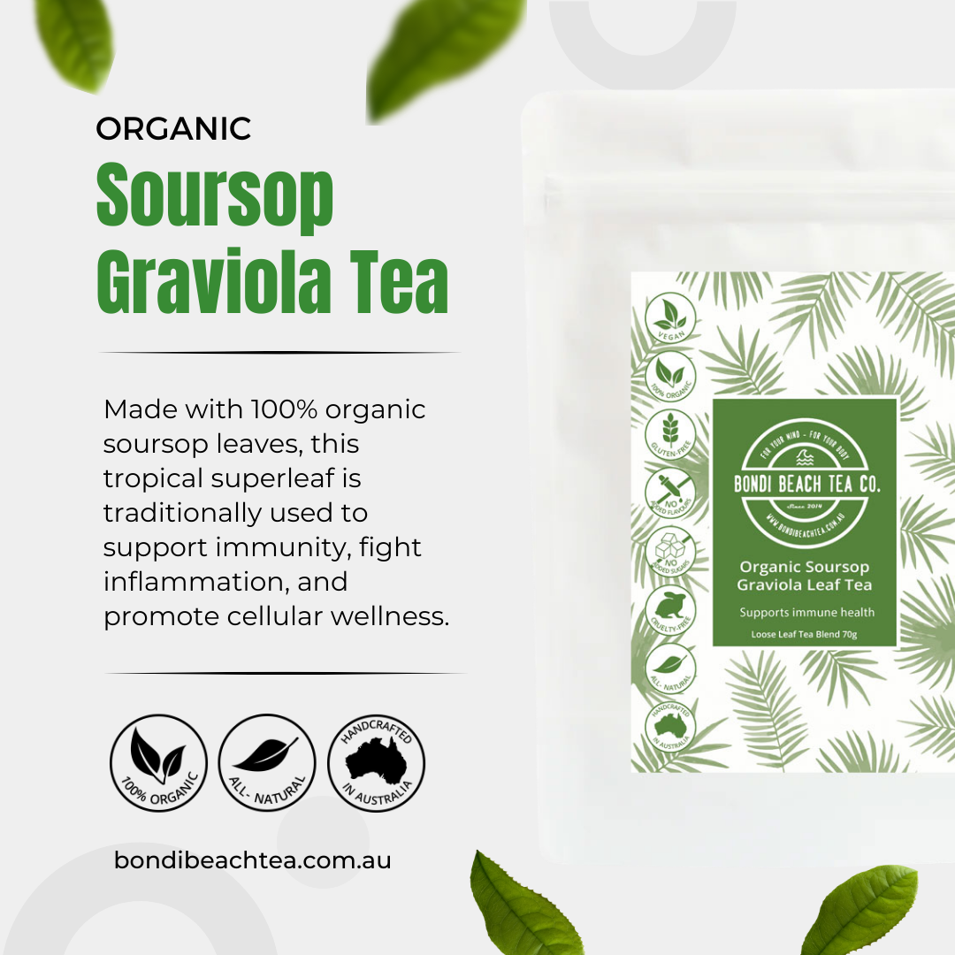 A pile of dried green and brown leaves rests on a white backdrop, showcasing the essence of Soursop Organic - Graviola Tea by Bondi Beach Tea Co. It’s a coarse yet inviting mix of textures and shades, embodying the natural allure of organic soursop tea.