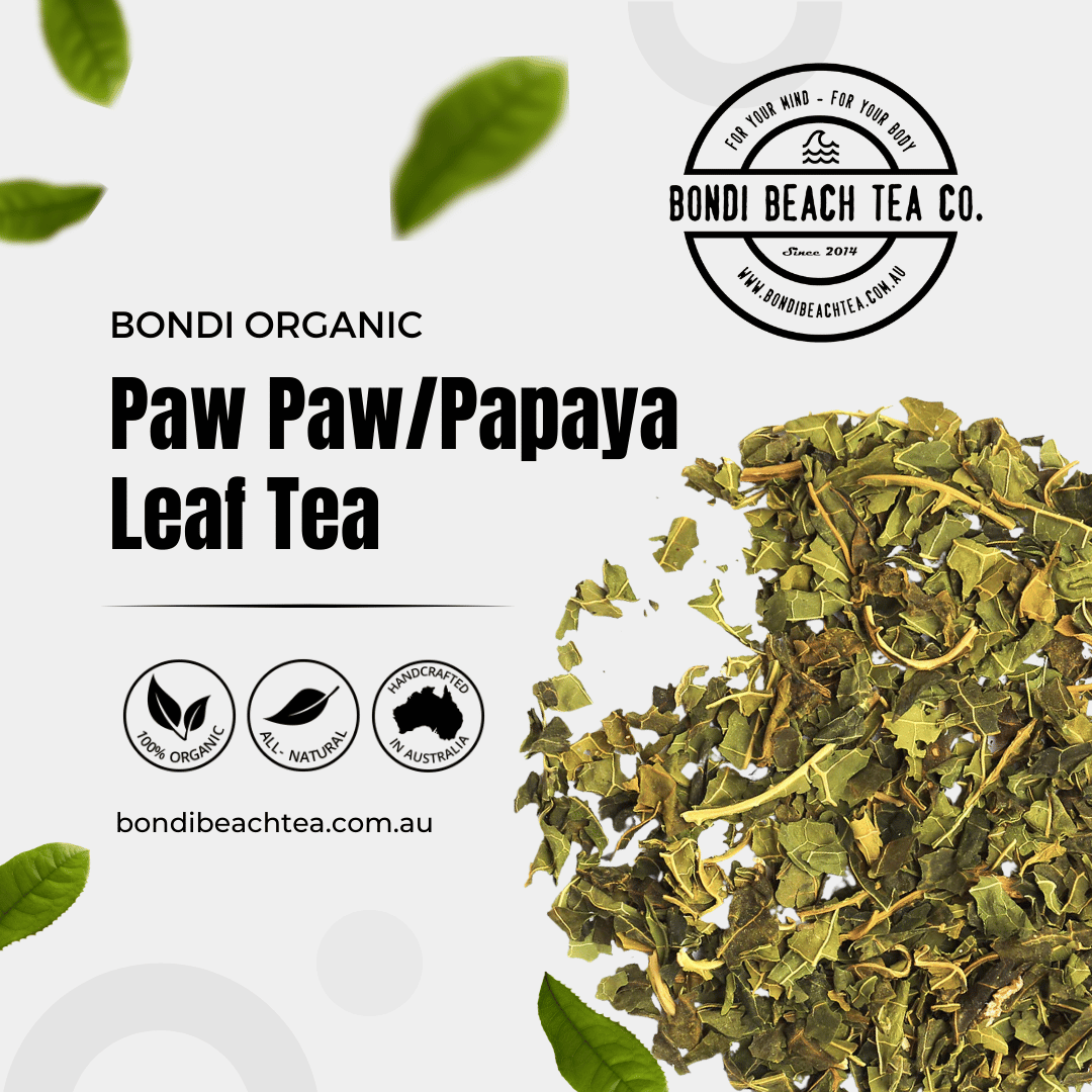 A promotional image for Bondi Organic Paw Paw/Papaya Leaf Tea by Bondi Beach Tea Co. showcases digestion benefits with dried papaya leaves on the right and the brand logo, text, and leaf graphics on a light background to the left.