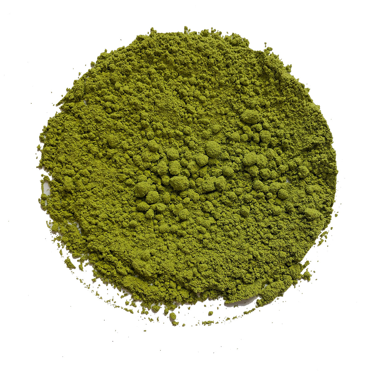 A vibrant heap of green Soursop Organic - Graviola Leaf Powder by Bondi Beach Tea Co is arranged in a circular shape on a white background, with its fine texture and small clumps visible.