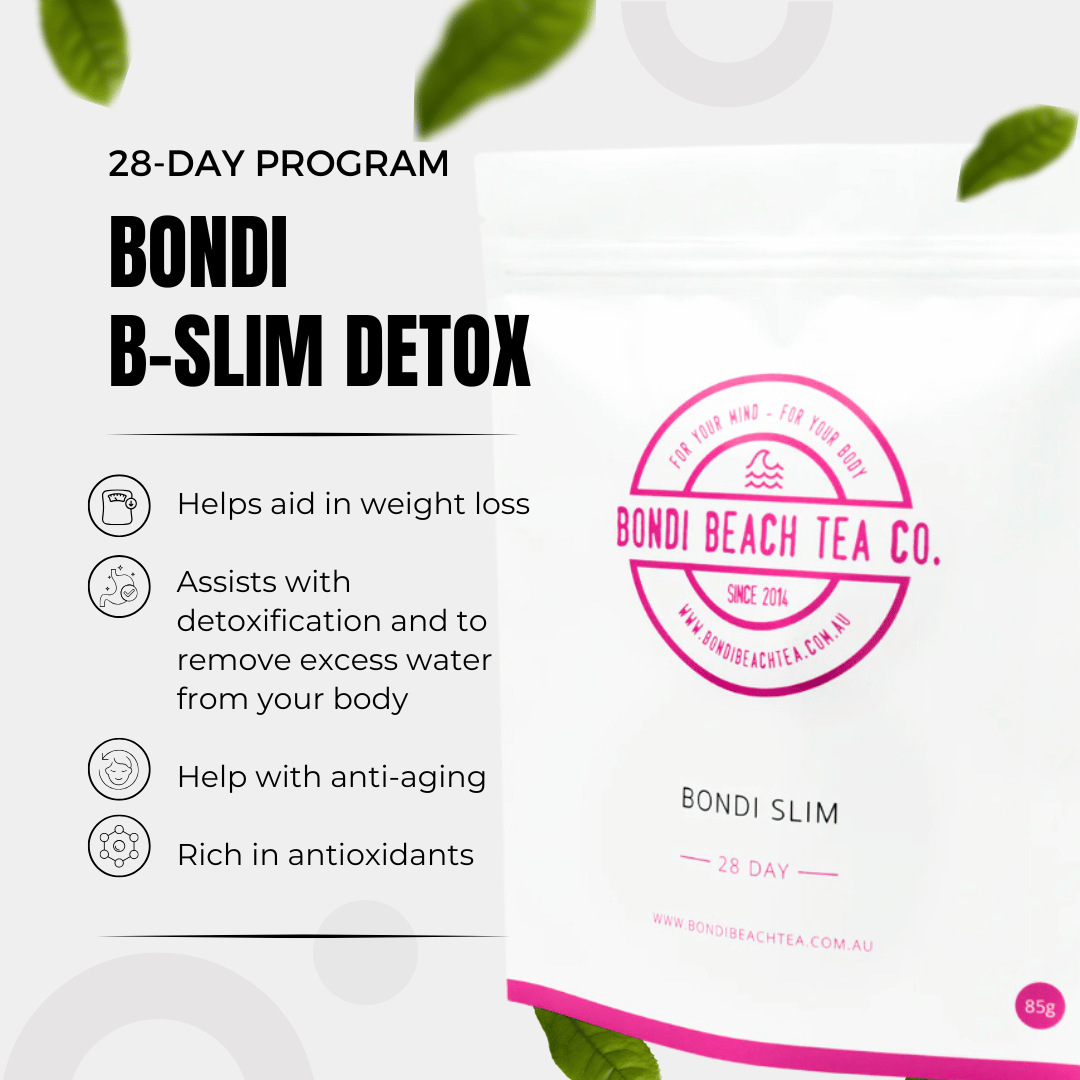 The white Bondi Slim Tea 28 Day package by Bondi Beach Tea Co is showcased as metabolism-boosting, aiding in weight loss and detoxification. With rich antioxidants and anti-aging benefits, green leaves scattered around enhance its fresh, natural appeal.