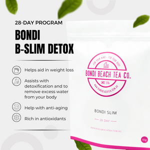 The white Bondi Slim Tea 28 Day package by Bondi Beach Tea Co is showcased as metabolism-boosting, aiding in weight loss and detoxification. With rich antioxidants and anti-aging benefits, green leaves scattered around enhance its fresh, natural appeal.