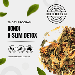 The image features the Bondi Beach Tea Co logo and promotes the Bondi Slim Tea 28 Day detox for weight loss. It includes photos of loose leaf tea, organic and Australian-made symbols, and the website bondibeachtea.com.au.