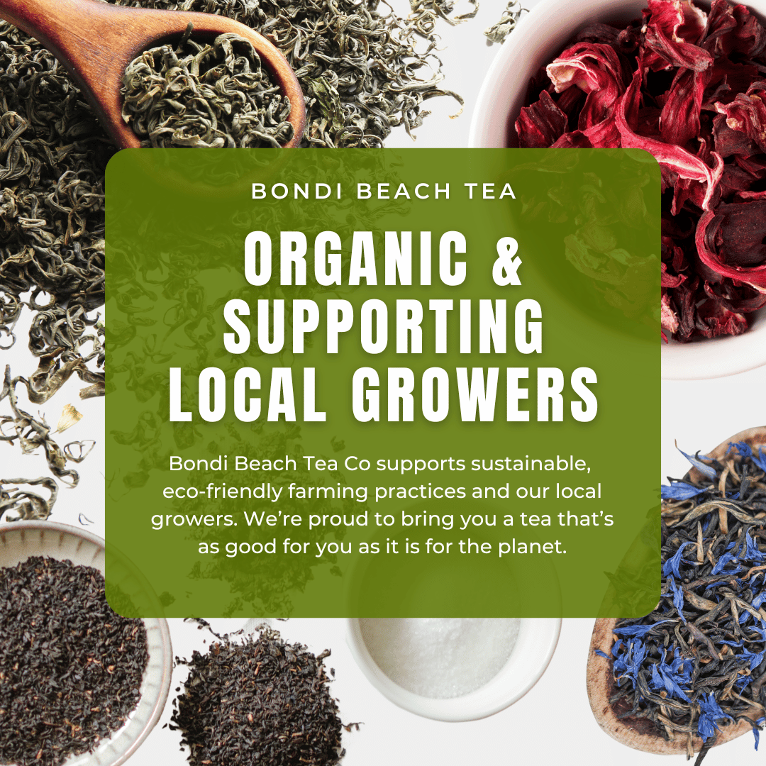 A promotional image features Bondi Organic Paw Paw/Papaya Leaf Tea by Bondi Beach Tea Co, displayed with loose tea leaves in bowls. Text highlights: Bondi Beach Tea Co. Supporting Local Growers & Improving Digestion through eco-friendly, sustainable farming practices.