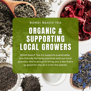 A promotional image features Bondi Organic Paw Paw/Papaya Leaf Tea by Bondi Beach Tea Co, displayed with loose tea leaves in bowls. Text highlights: Bondi Beach Tea Co. Supporting Local Growers & Improving Digestion through eco-friendly, sustainable farming practices.
