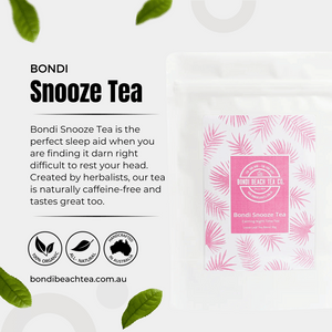 Bondi Snooze Tea 💤 by Bondi Beach Tea Co features a pink fern leaf design and is lauded as an ideal caffeine-free sleep aid. Made from 100% organic and all-natural ingredients in Australia. Visit bondibeachtea.com.au for more info.