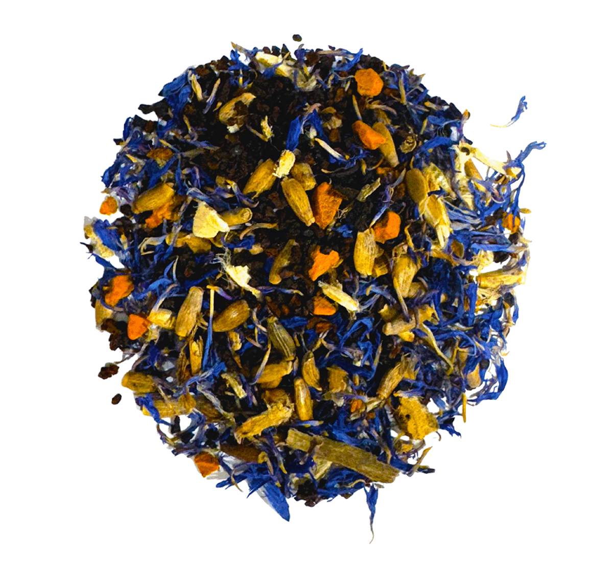 The Turmeric Dandelion Liver Detox Tea by Bondi Beach Tea Co is a vibrant loose leaf blend with blue and orange flower petals, dark tea leaves, and light herbs in a circular arrangement on a white background, highlighting its organic ingredients.