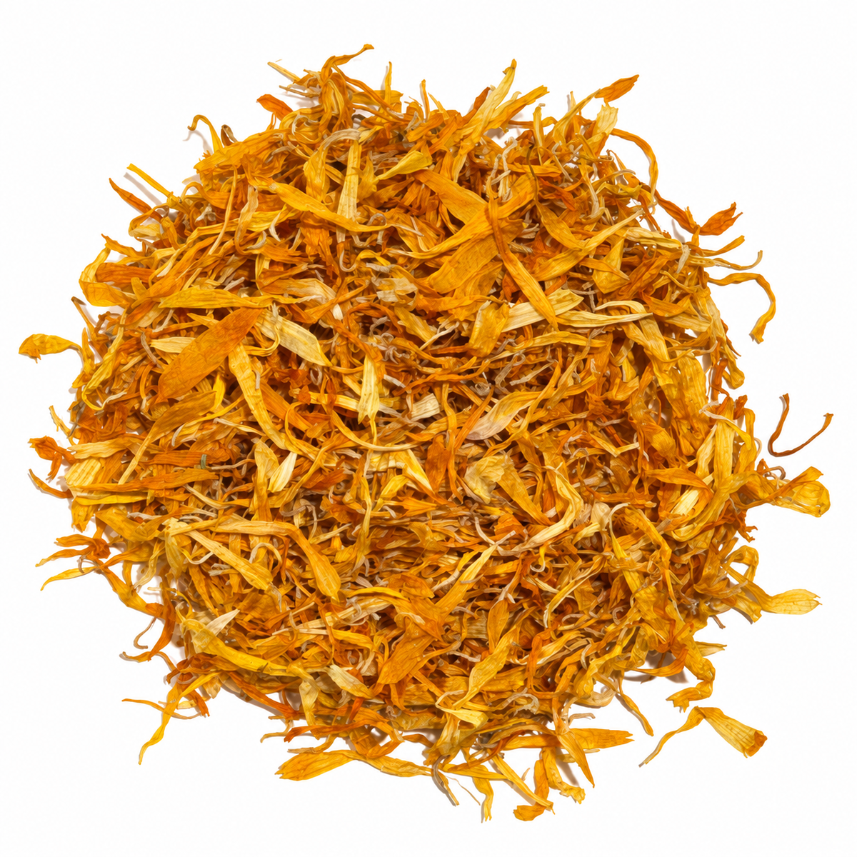 Organic dried calendula petals on a white background