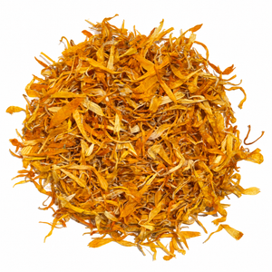 Organic dried calendula petals on a white background