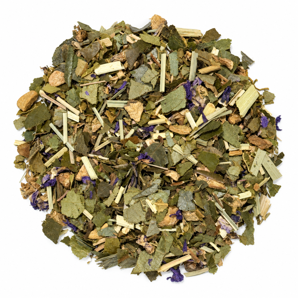 Organic papaya and soursop loose leaf tea blend with ginger, lemongrass and blue mallow, on a white background.