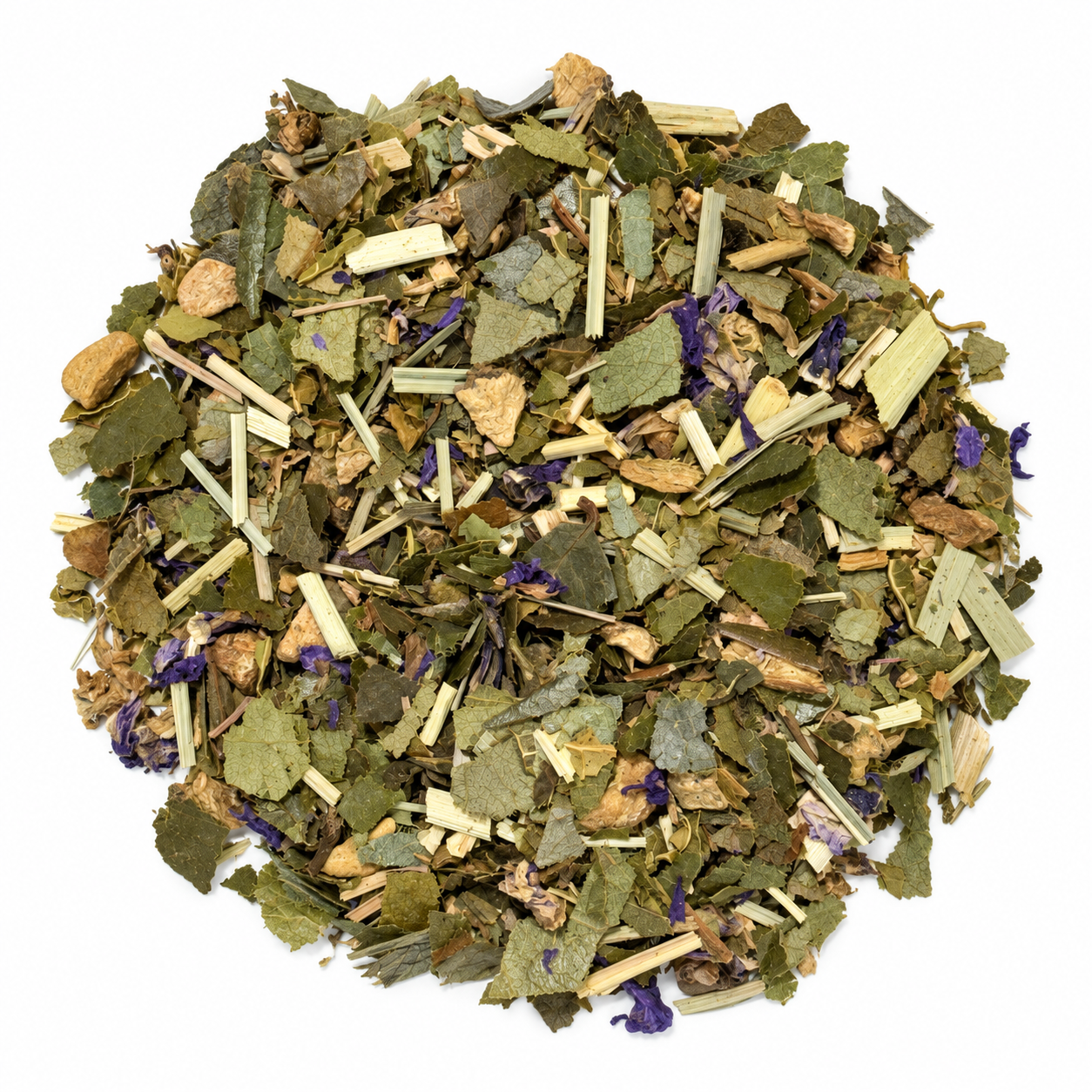 Organic papaya and soursop loose leaf tea blend with ginger, lemongrass and blue mallow, on a white background.