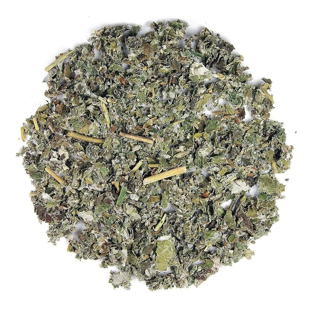 A mix of dried, crumbled green leaves and small stems with a fuzzy texture from Bondi Beach Tea Cos Organic Red Raspberry Leaf Tea is valued for its reproductive health and pregnancy support benefits. Shades vary in green.
