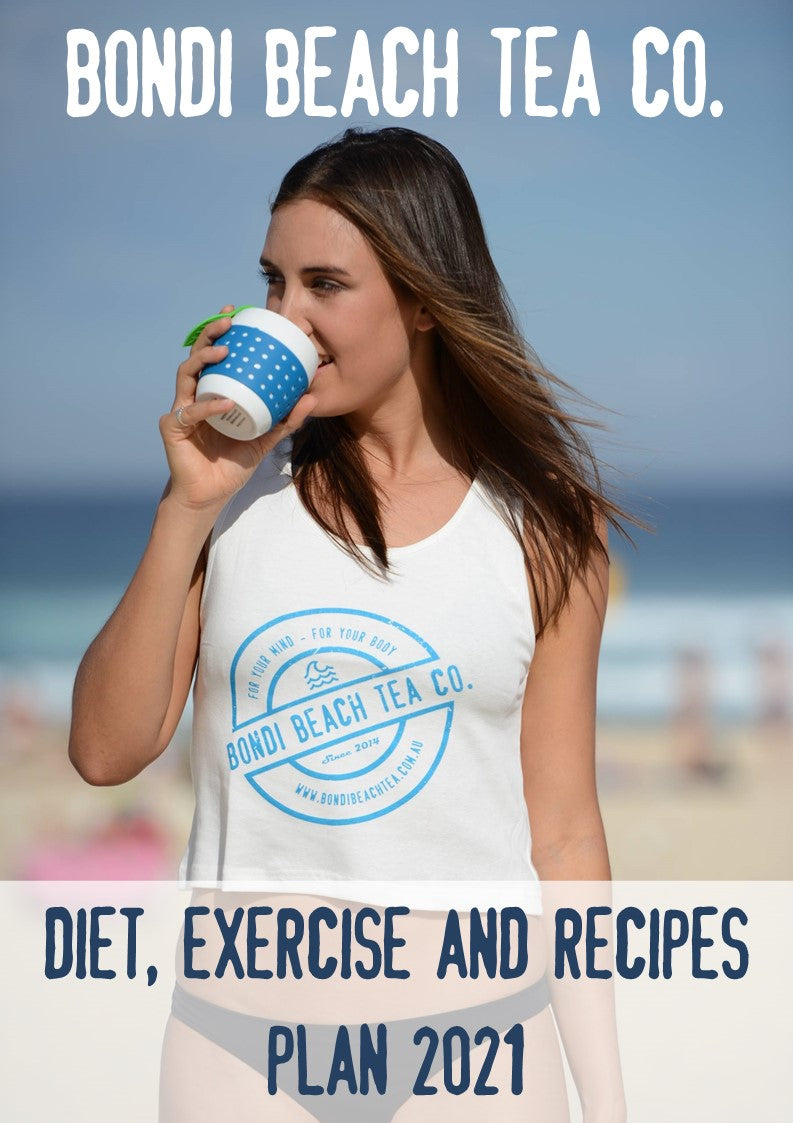 A woman wearing a white Bondi Beach Tea Co. tank top sips detox tea from a blue polka dot cup on the beach. The text reads Diet, Exercise and Recipes eBook 2021. Golden sands meet the ocean, highlighting the refreshing Bondi B-Slim program.