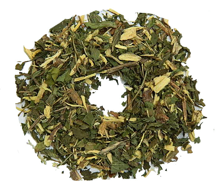 A circular arrangement of dried green herbs and leaves, possibly a tea blend featuring Organic Liquorice Lips from Bondi Beach Tea Co, set against a white background.