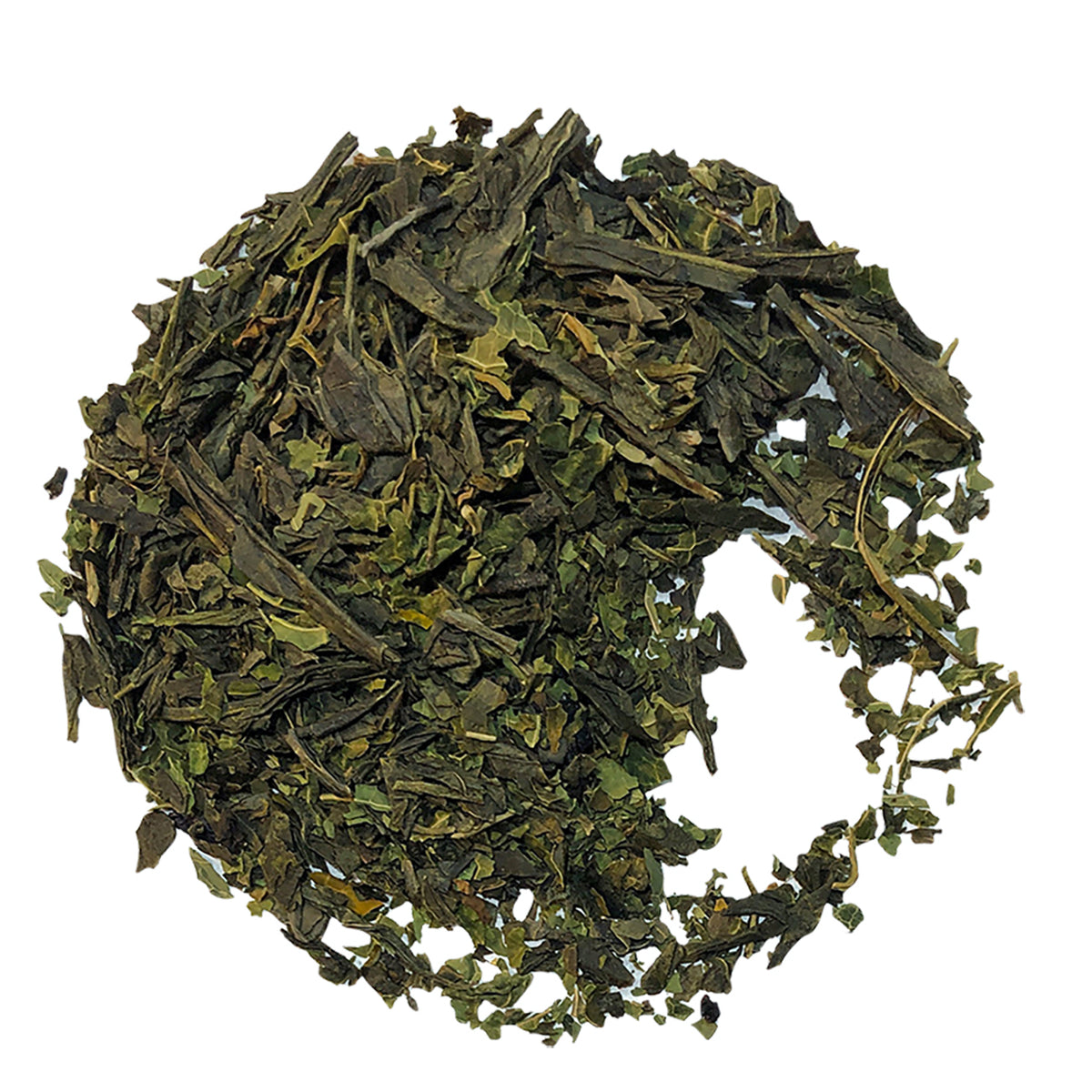 A circular pile of Bondi Organic Green Tea and Paw Paw/Papaya Leaf from Bondi Beach Tea Co showcases flat, dark green leaves varying in shade. These antioxidant-rich leaves retain quality through minimal processing, set against a contrasting white background.