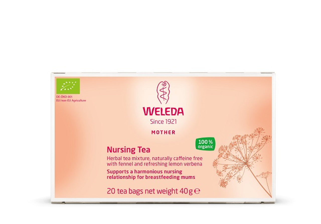 The Weleda Nursing Tea by Bondi Beach Tea Co, in a pink box featuring an organic seal and fennel design, provides a caffeine-free blend of lemon verbena and fennel to aid lactation for breastfeeding mothers. Contains 20 tea bags.