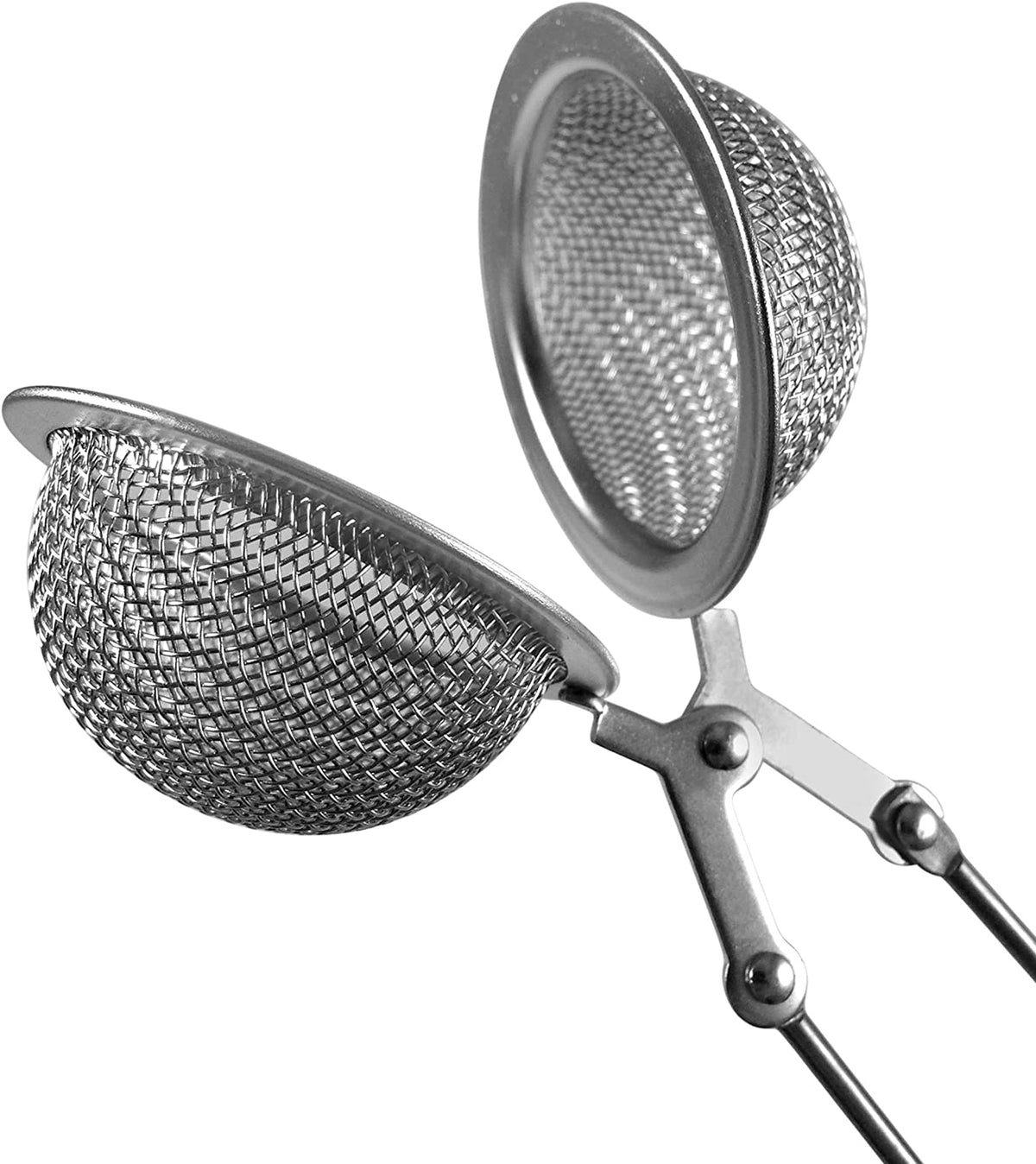 The Bondi Beach Tea Co Clamp Style Tea Infuser features a close-up of its spherical metal mesh design with two halves, facilitating easy insertion of loose tea leaves.
