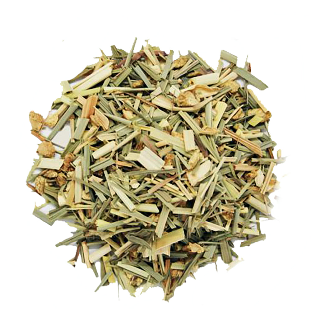 A pile of Organic Lemongrass and Ginger Tea from Bondi Beach Tea Co rests on a white background. The cut stems and leaves, in shades of light green and brown, display their fibrous texture—ideal for a zesty brew that supports immune health.