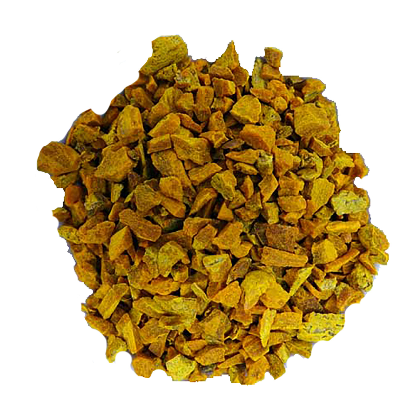 A pile of Bondi Beach Tea Cos Organic Turmeric Tea, rich in curcumin, showcases its textured, irregular orange-brown pieces against a crisp white background.